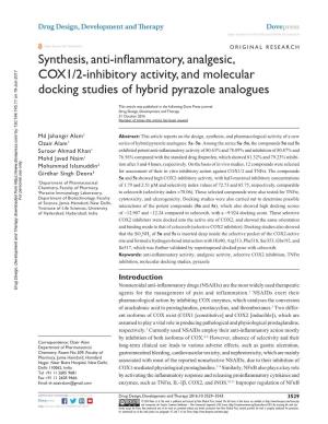 Synthesis, Anti-Inflammatory, Analgesic, COX1/2-Inhibitory Activity, and Molecular Docking Studies of Hybrid Pyrazole Analogues