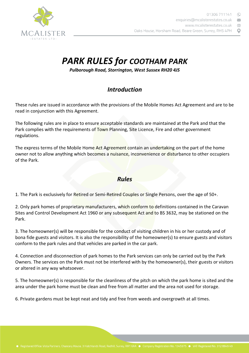 PARK RULES for COOTHAM PARK Pulborough Road, Storrington, West Sussex RH20 4JS