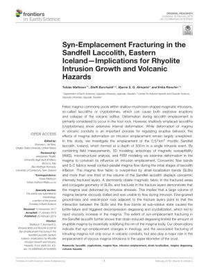 Syn-Emplacement Fracturing in the Sandfell Laccolith, Eastern Iceland—Implications for Rhyolite Intrusion Growth and Volcanic Hazards