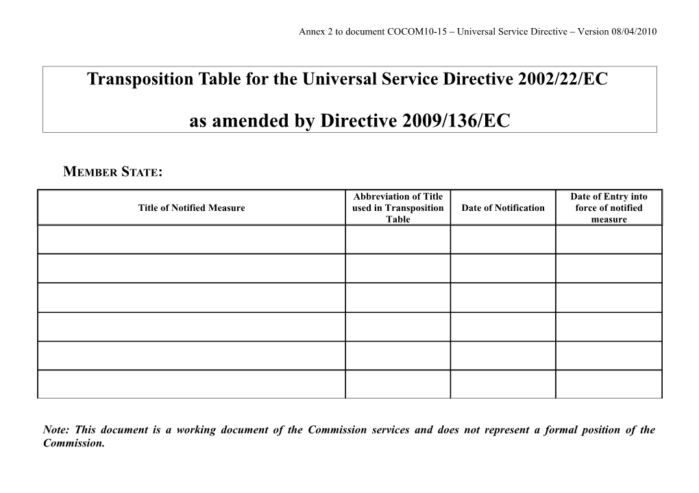 Transposition Table for the Universal Service Directive 2002/22/EC