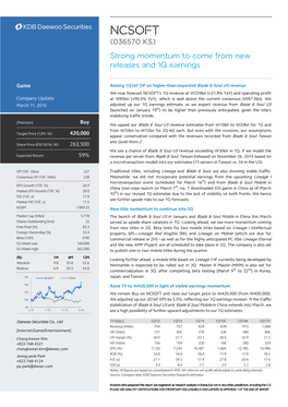 NCSOFT (036570 KS) Strong Momentum to Come from New Releases and 1Q Earnings
