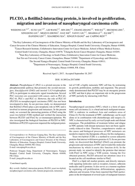 PLCD3, a Flotillin2-Interacting Protein, Is Involved in Proliferation, Migration and Invasion of Nasopharyngeal Carcinoma Cells