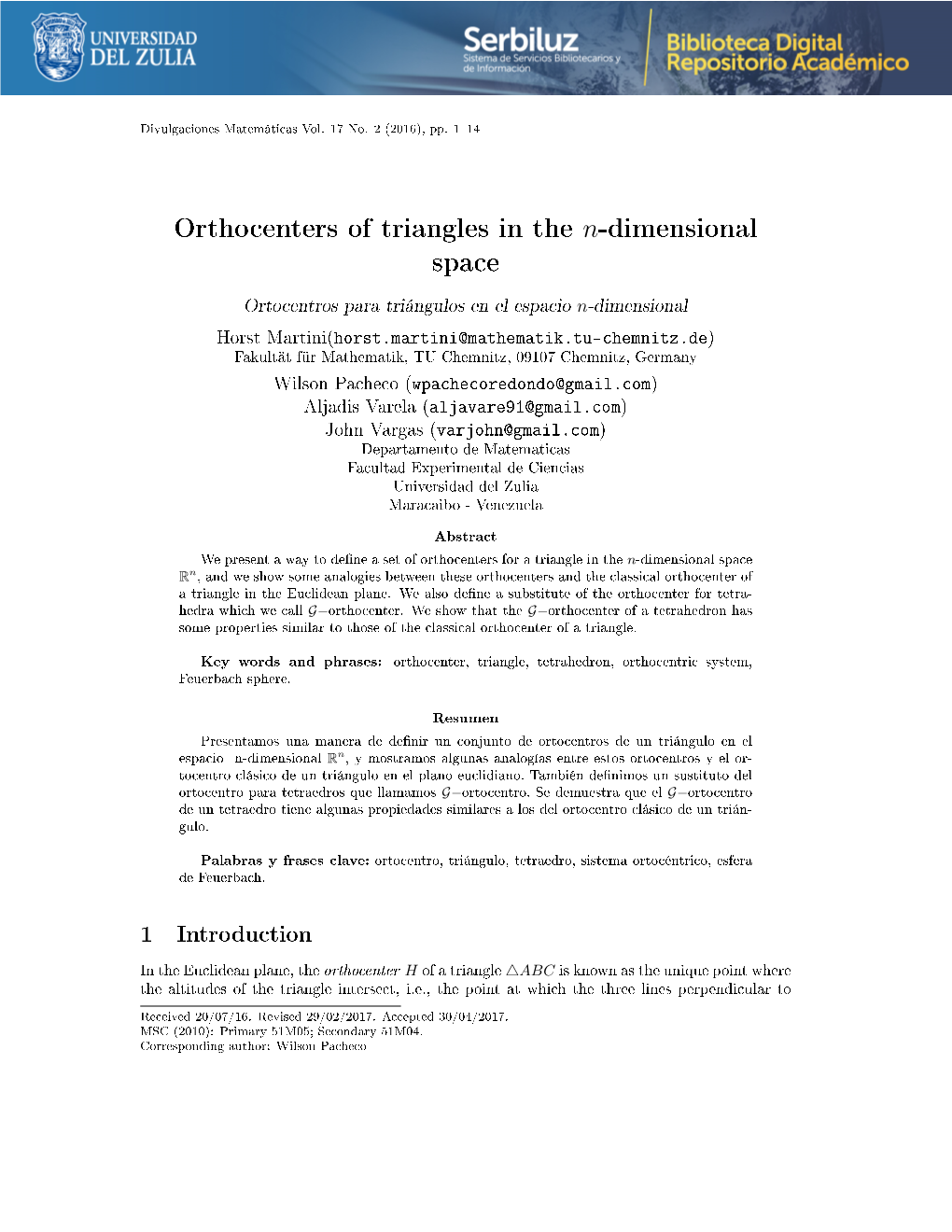 Orthocenters of Triangles in the N-Dimensional Space