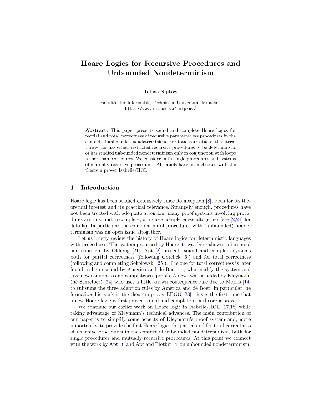 Hoare Logics for Recursive Procedures and Unbounded Nondeterminism