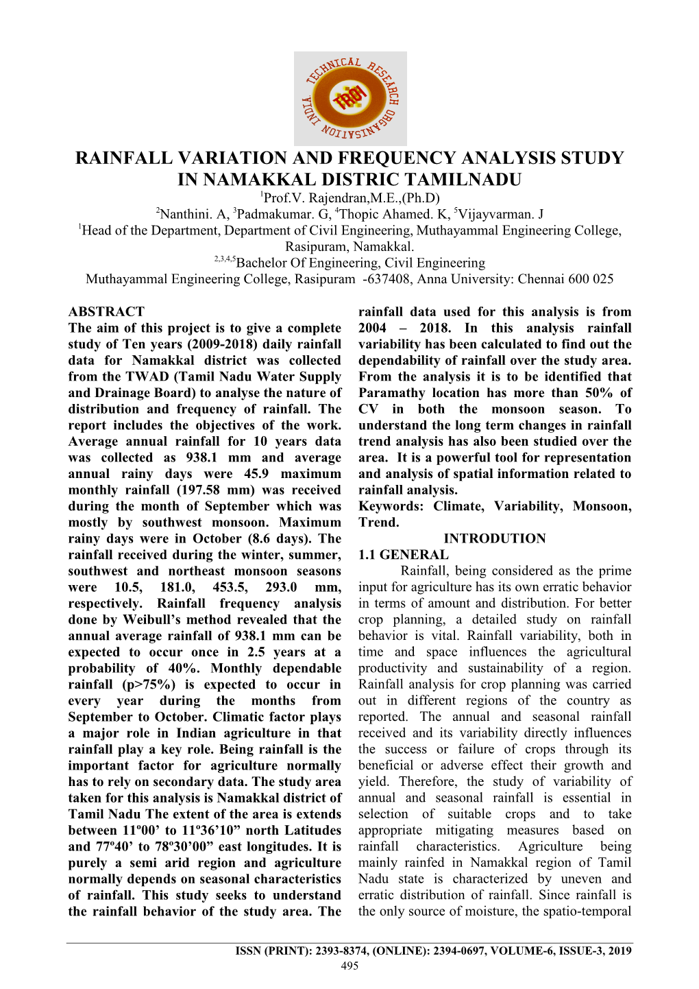 RAINFALL VARIATION and FREQUENCY ANALYSIS STUDY in NAMAKKAL DISTRIC TAMILNADU 1Prof.V