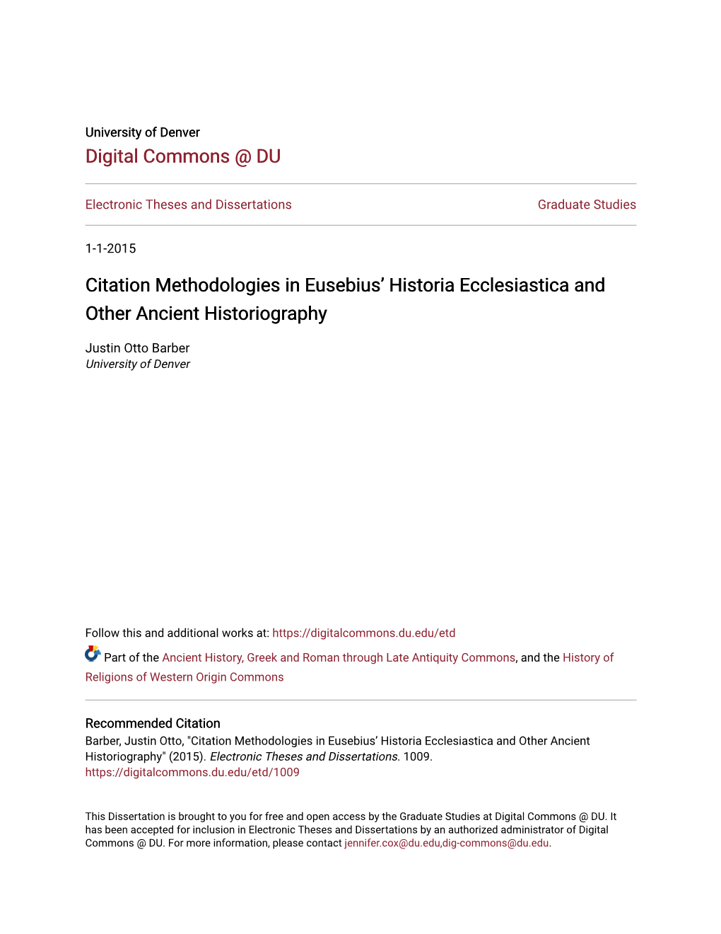 Citation Methodologies in Eusebius' Historia Ecclesiastica and Other