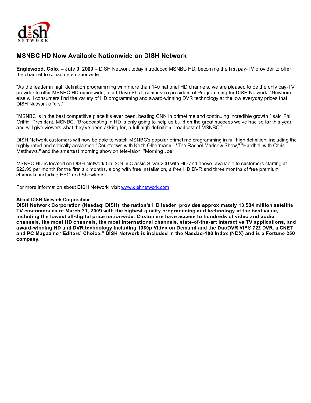 MSNBC HD Now Available Nationwide on DISH Network