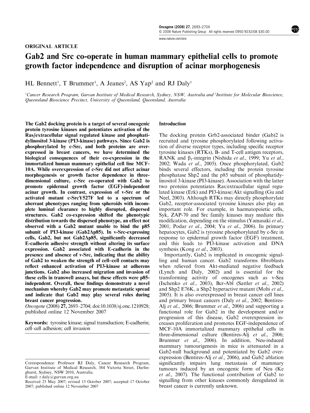 Gab2 and Src Co-Operate in Human Mammary Epithelial Cells to Promote Growth Factor Independence and Disruption of Acinar Morphogenesis