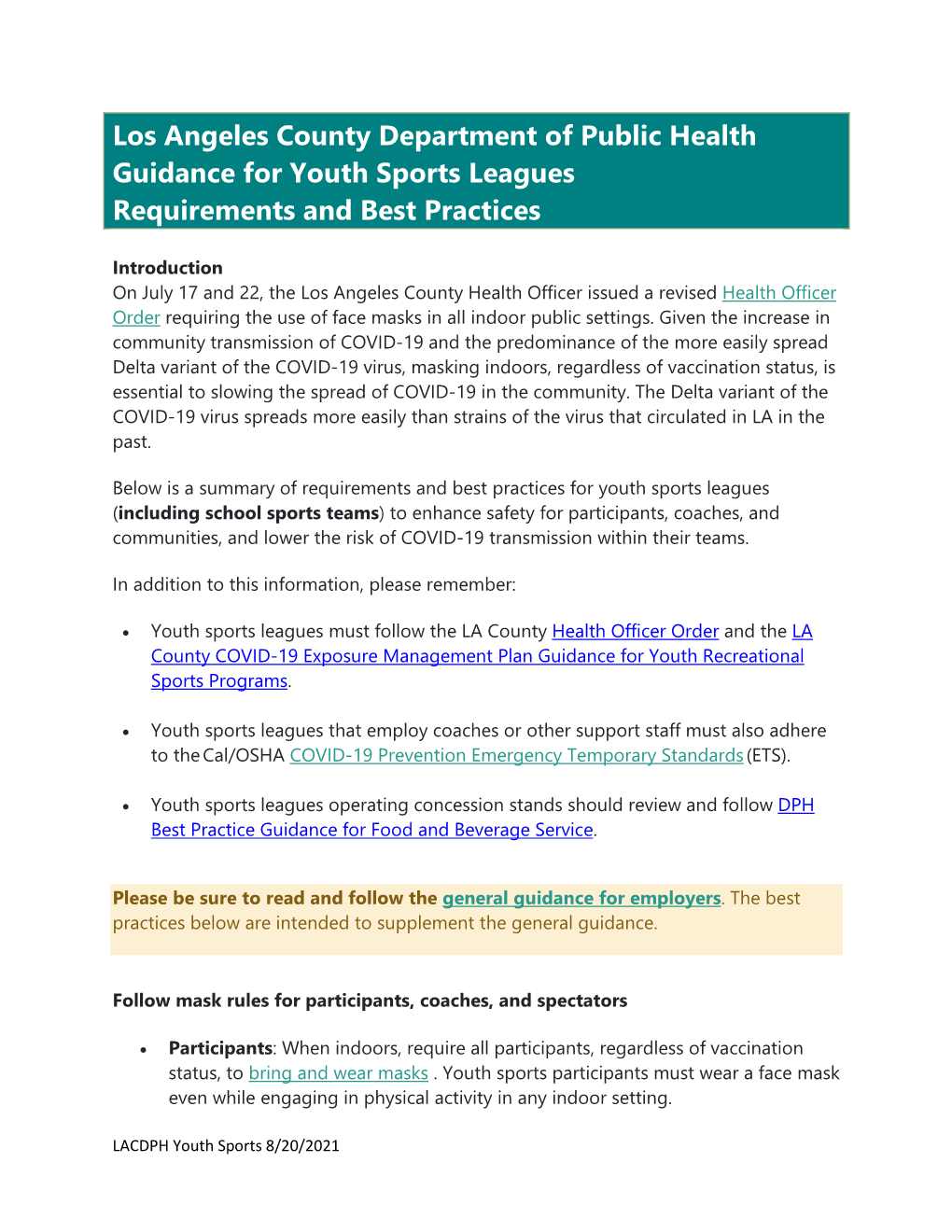 Los Angeles County Department of Public Health Guidance for Youth Sports Leagues Requirements and Best Practices