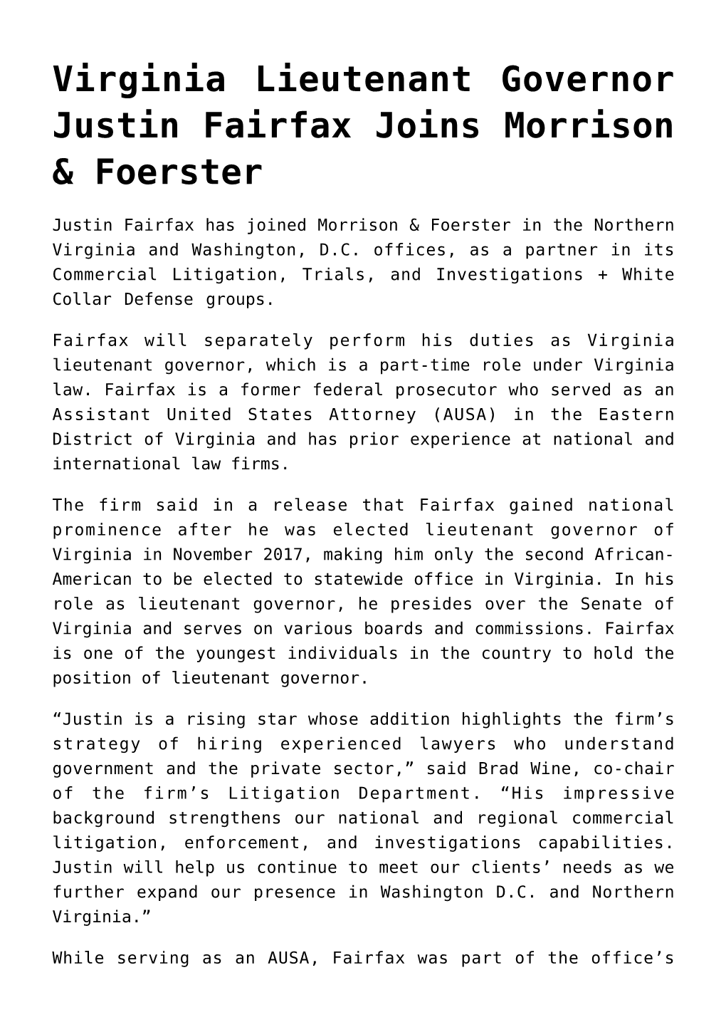 Virginia Lieutenant Governor Justin Fairfax Joins Morrison & Foerster