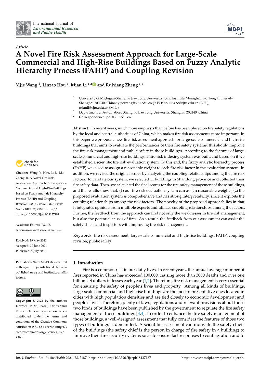 A Novel Fire Risk Assessment Approach for Large-Scale Commercial and High-Rise Buildings Based on Fuzzy Analytic Hierarchy Process (FAHP) and Coupling Revision