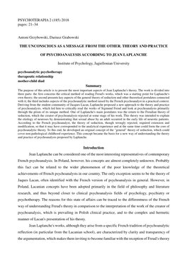 The Unconscious As a Message from the Other. Theory and Practice of Psychoanalysis According to Jean Laplanche