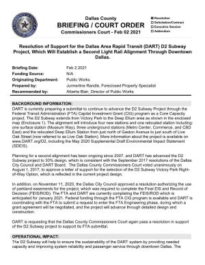 Resolution of Support for the Dallas Area Rapid Transit (DART) D2 Subway Project, Which Will Establish a Second Light Rail Alignment Through Downtown Dallas
