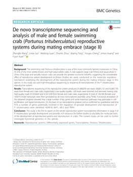 De Novo Transcriptome Sequencing and Analysis of Male and Female Swimming Crab (Portunus Trituberculatus) Reproductive Systems D