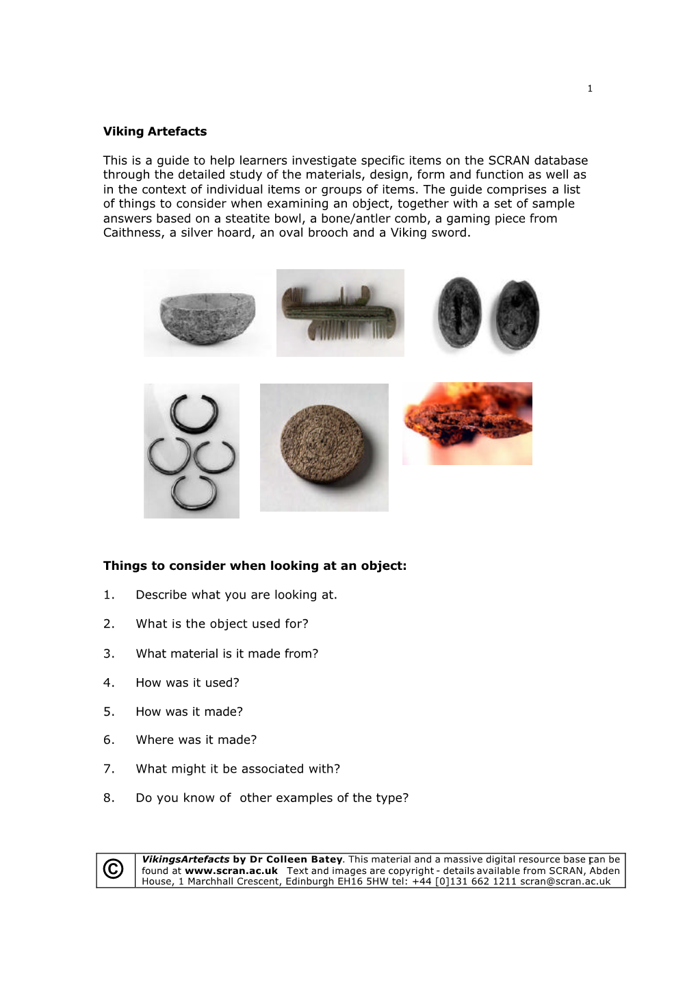 Viking Artefacts This Is a Guide to Help Learners Investigate Specific Items