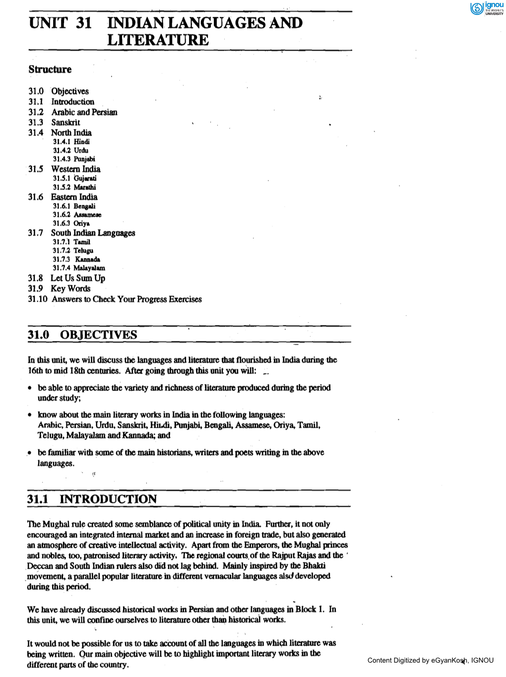 Unit 31 Indian Languages and Literature