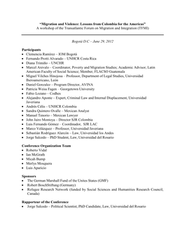Migration and Violence: Lessons from Colombia for the Americas” a Workshop of the Transatlantic Forum on Migration and Integration (TFMI)