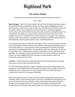 The Armor of God Preached by Vic Pentz, Pastor Emeritus, Peachtree Presbyterian Church Feb
