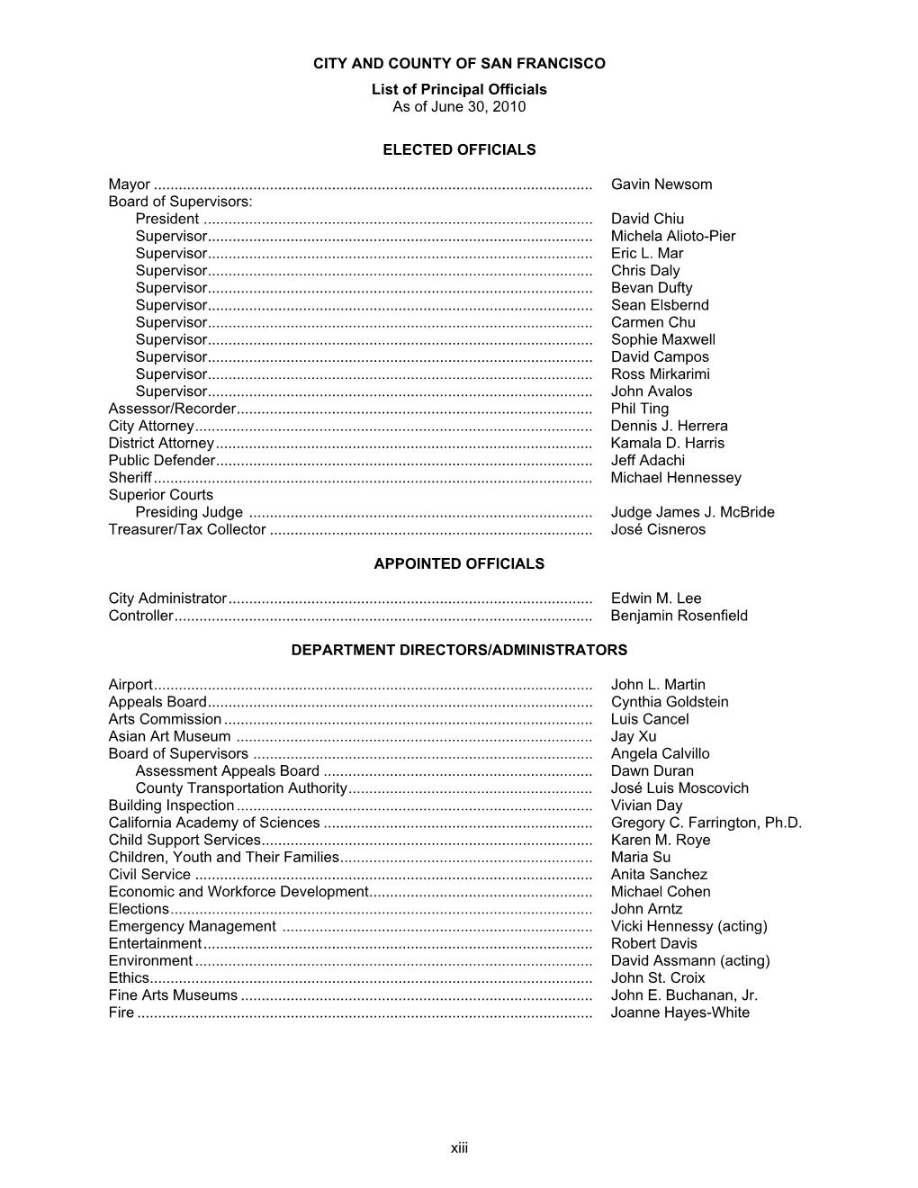 CITY and COUNTY of SAN FRANCISCO List of Principal Officials As of June 30, 2010