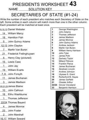 Presidents Worksheet 43 Secretaries of State (#1-24)
