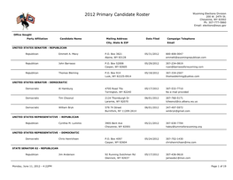 2012 Primary Candidate Roster 200 W