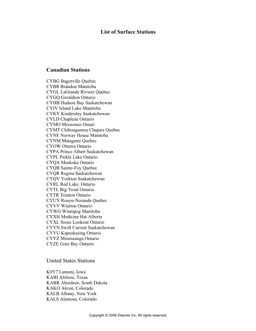 List of Surface Stations Canadian Stations