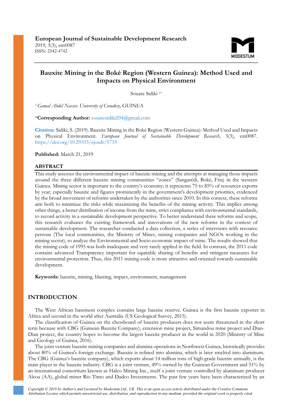 Bauxite Mining in the Boké Region (Western Guinea): Method Used and Impacts on Physical Environment