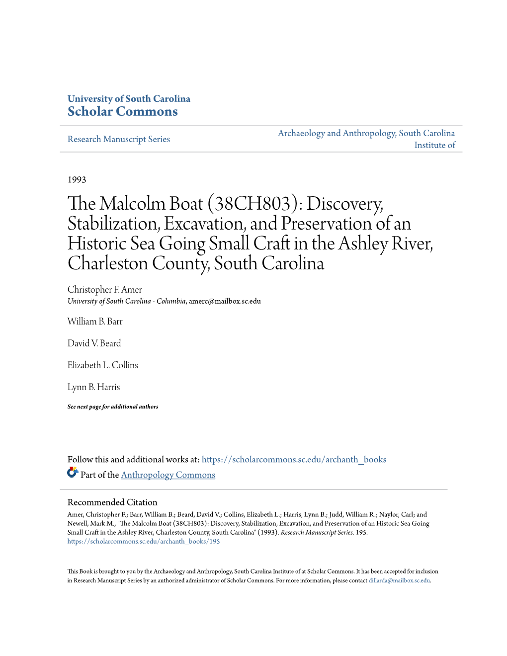 The Malcolm Boat (38CH803): Discovery, Stabilization, Excavation