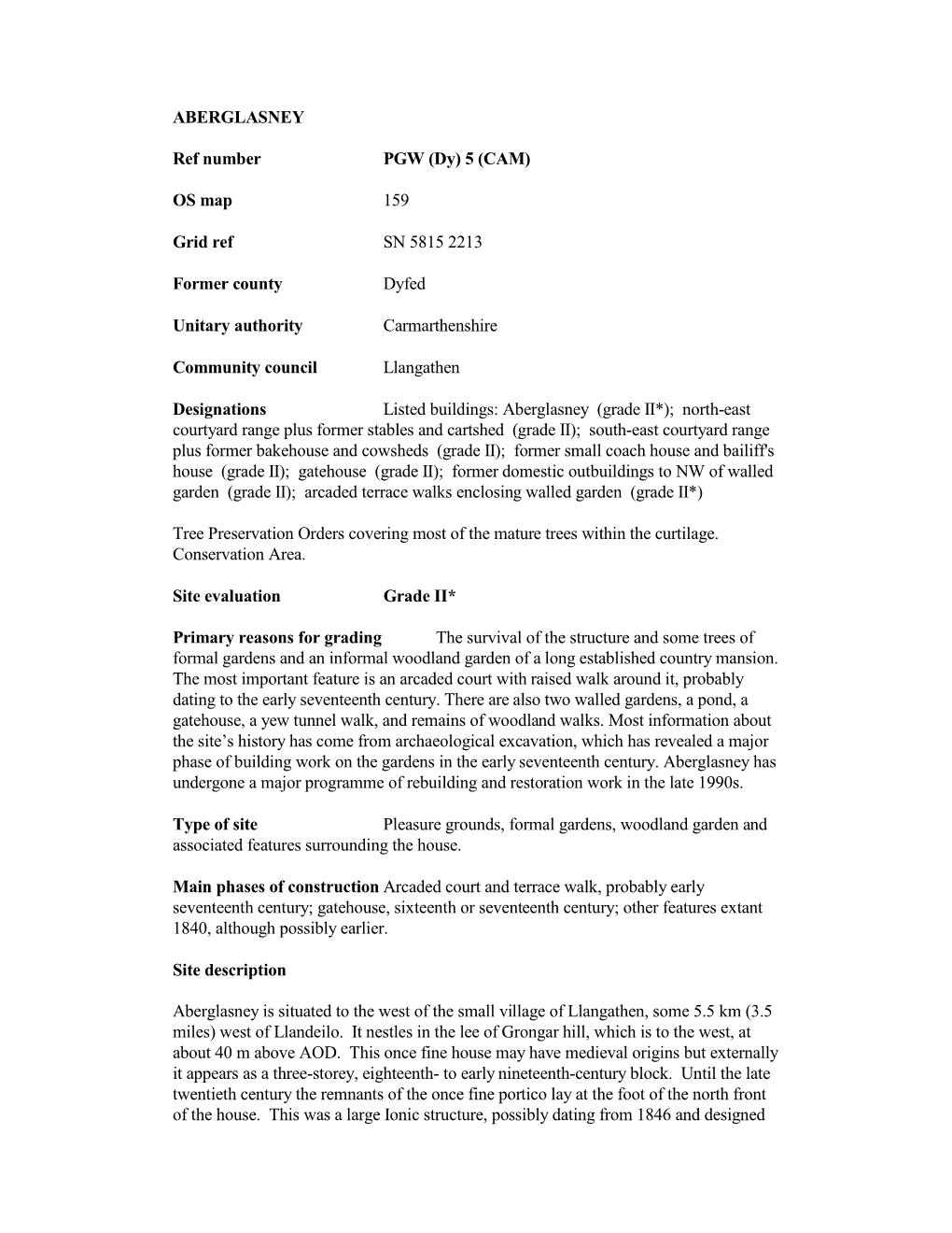 ABERGLASNEY Ref Number PGW (Dy) 5 (CAM) OS Map 159 Grid Ref