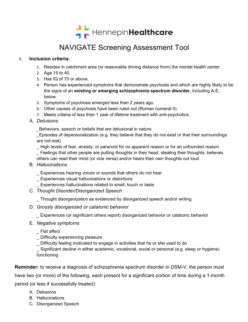 NAVIGATE Screening Assessment Tool