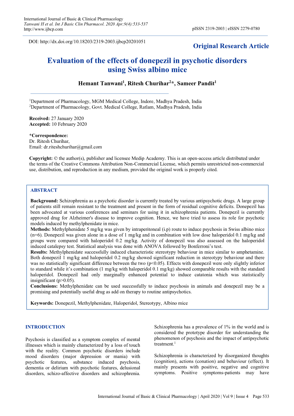 Evaluation of the Effects of Donepezil in Psychotic Disorders Using Swiss Albino Mice