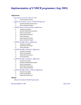 Implementation of UNHCR Programme (Aug 2001)