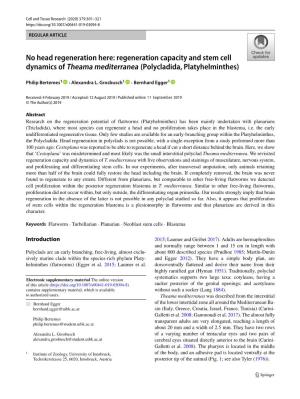Regeneration Capacity and Stem Cell Dynamics of Theama Mediterranea (Polycladida, Platyhelminthes)