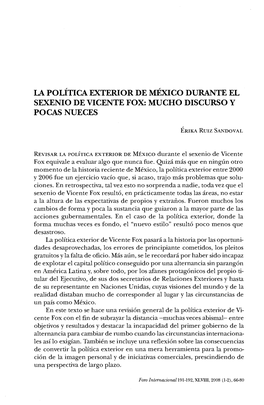 La Política Exterior De México Durante El Sexenio De Vicente Fox: Mucho Discurso Y Pocas Nueces