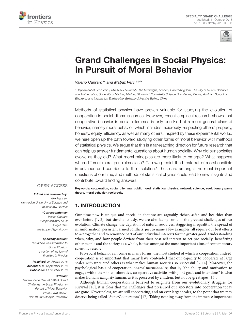 Grand Challenges in Social Physics: in Pursuit of Moral Behavior