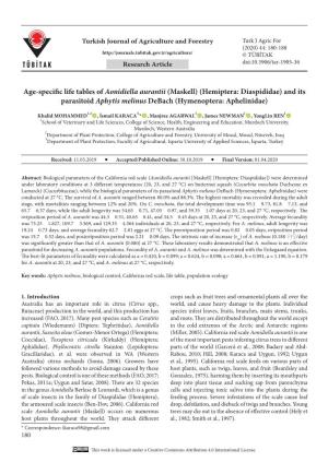 Age-Specific Life Tables of Aonidiella Aurantii (Maskell) (Hemiptera: Diaspididae) and Its Parasitoid Aphytis Melinus Debach (