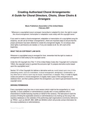 Creating Authorized Choral Arrangements: a Guide for Choral Directors, Choirs, Show Choirs & Arrangers