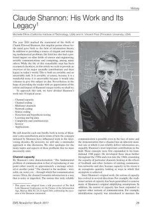 Claude Shannon: His Work and Its Legacy1