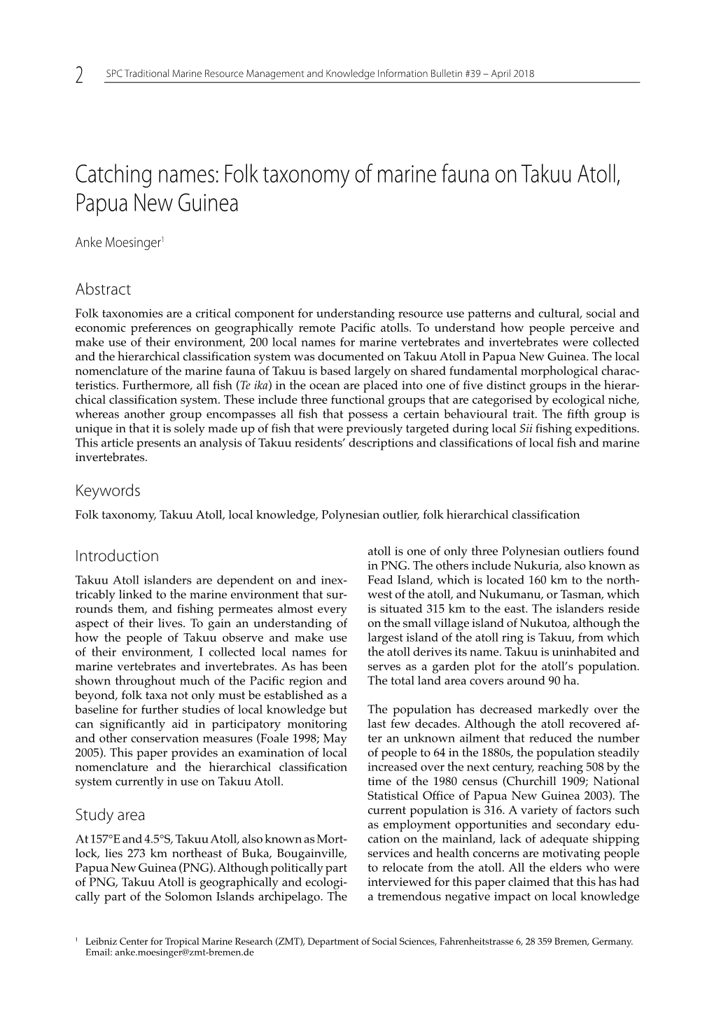 Folk Taxonomy of Marine Fauna on Takuu Atoll, Papua New Guinea