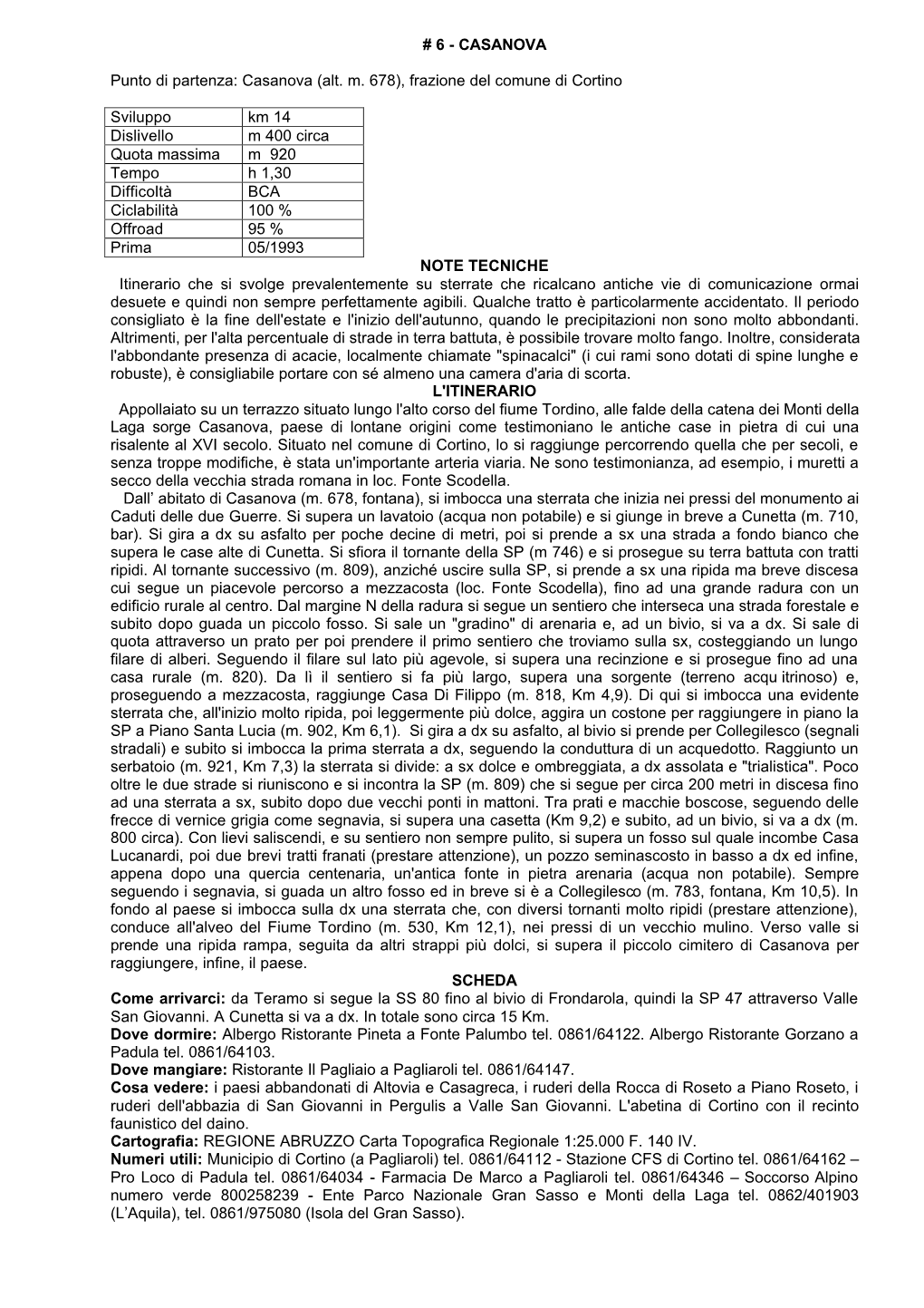 Casanova (Alt. M. 678), Frazione Del Comune Di Cortino Sviluppo Km 14 Dislivello M