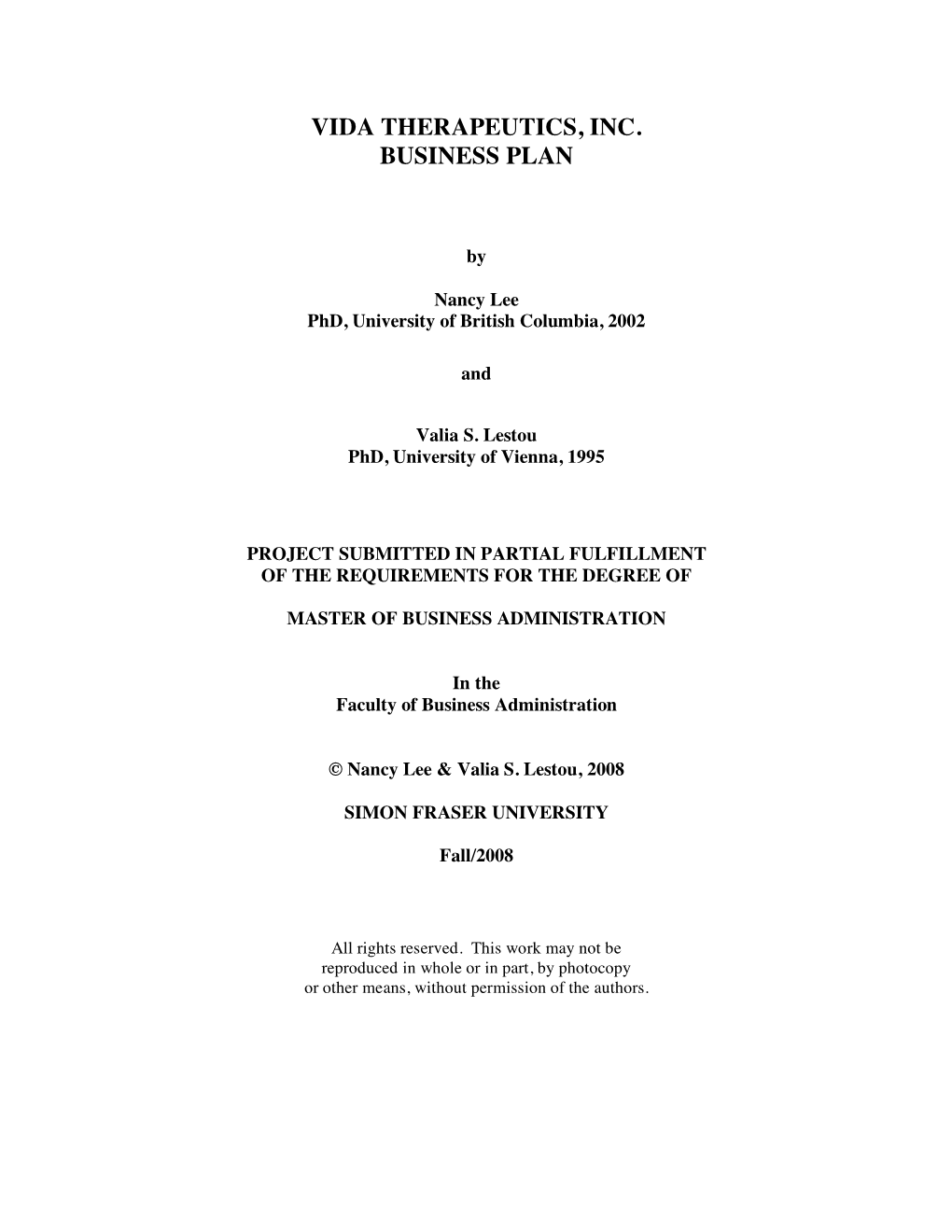 Vida Therapeutics, Inc. Business Plan