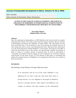 Acting in the Name of National Interest: the Survival Strategy of Zimbabwe in International Intervention in Mozambique and Democratic Republic of Congo (Drc)