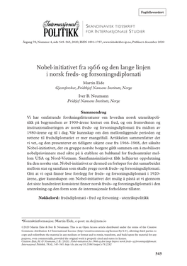 Nobel-Initiativet Fra 1966 Og Den Lange Linjen I Norsk Freds- Og Forsoningsdiplomati Martin Eide Gjesteforsker, Fridthjof Nansens Institutt, Norge