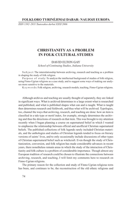 Christianity As a Problem in Folk Cultural Studies