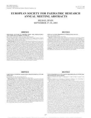 European Society for Paediatric Research Annual Meeting Abstracts Bilbao, Spain September 27–30, 2003