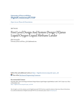 First Level Design and System Design of Janus Liquid Oxygen-Liquid Methane Lander Jahir Fernandez University of Texas at El Paso, J F2112@Hotmail.Com
