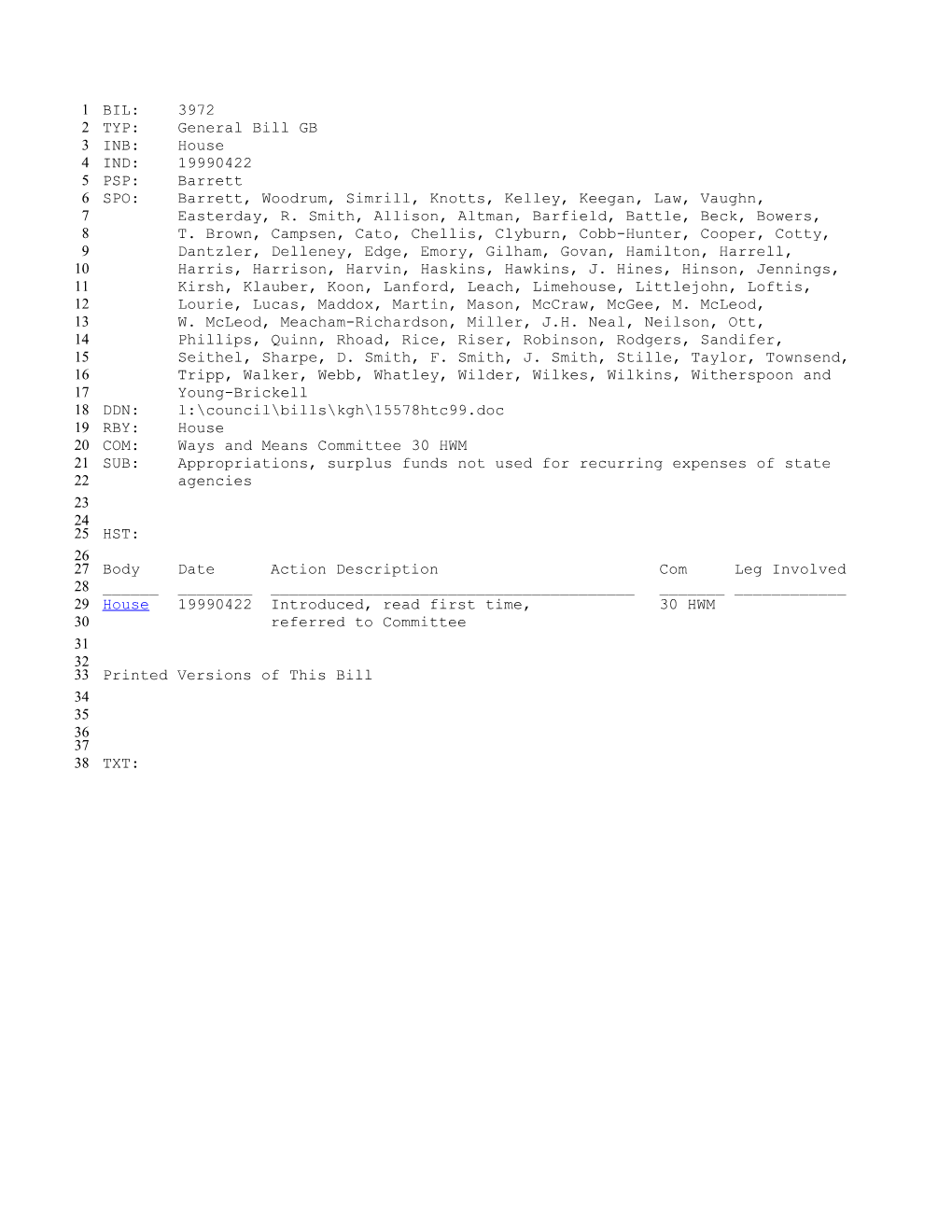 1999-2000 Bill 3972: Appropriations, Surplus Funds Not Used for Recurring Expenses of State