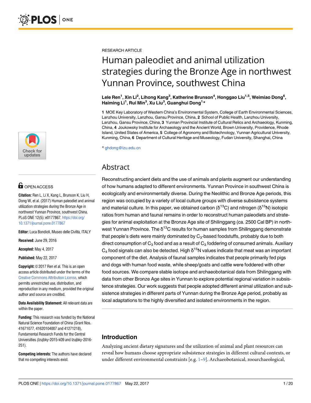 Human Paleodiet and Animal Utilization Strategies During the Bronze Age in Northwest Yunnan Province, Southwest China