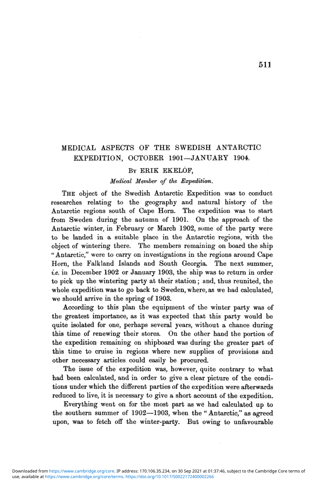 Medical Aspects of the Swedish Antarctic Expedition, October 1901—January 1904