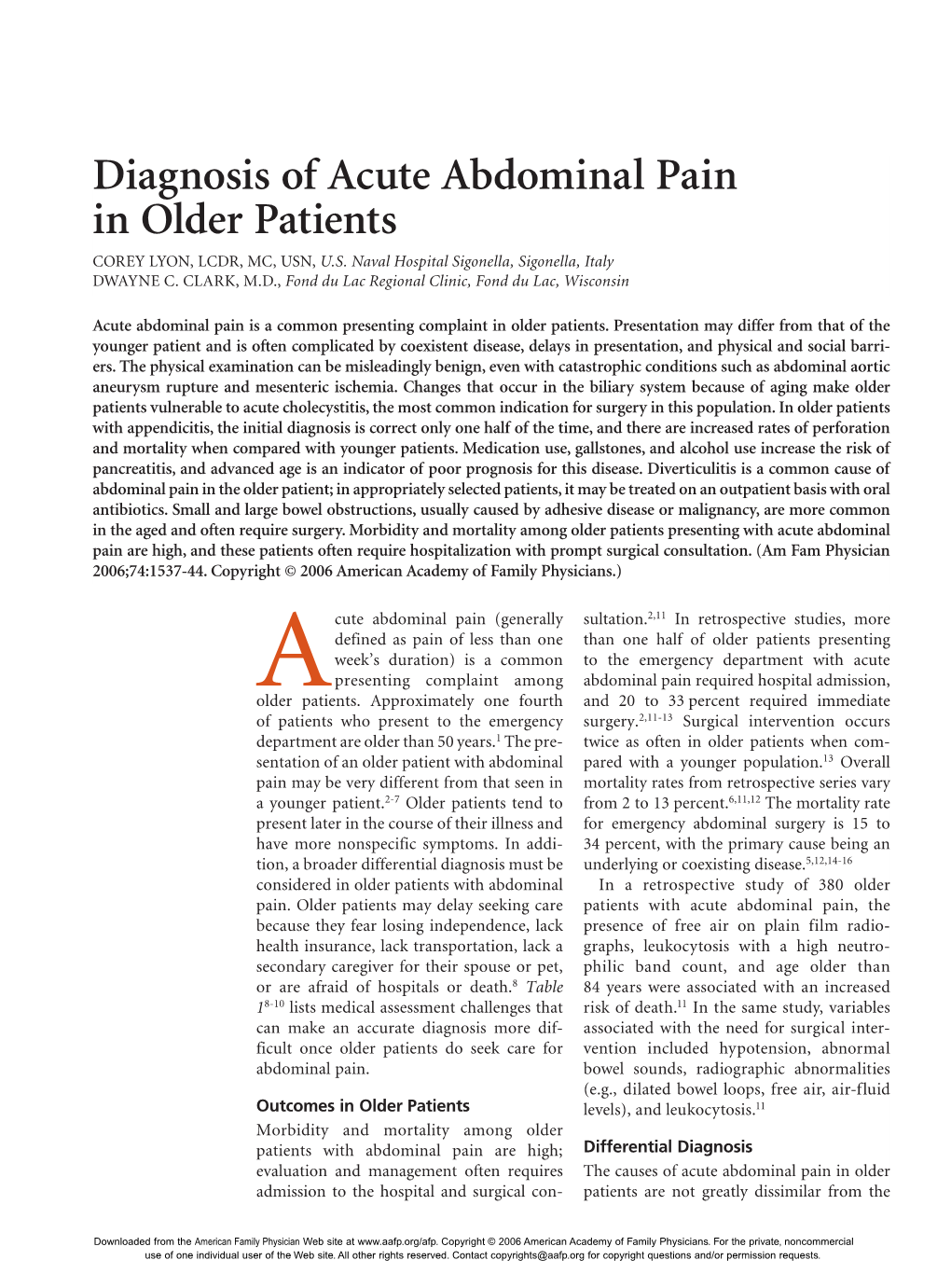 Diagnosis of Acute Abdominal Pain in Older Patients COREY LYON, LCDR, MC, USN, U.S